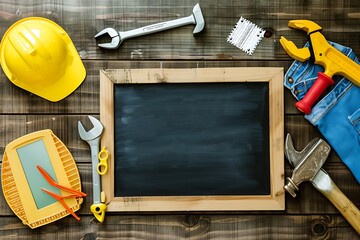 Tools and Blackboard on Rustic Wooden Background