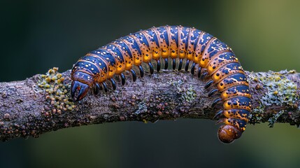 Colorful caterpillar crawling on a tree branch in a forest