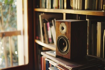 Wall Mural - A speaker sitting on a bookshelf near a window