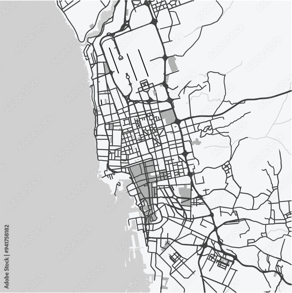 Map of Jeddah in Saudi Arabia in grayscale. Contains layered vector ...
