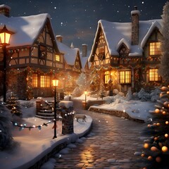 Sticker - Winter night in the village. Christmas and New Year concept. 3d rendering