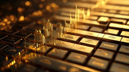 Poster - A financial graph showing exponential growth, placed over a background of gold bars, symbolizing wealth and investment.