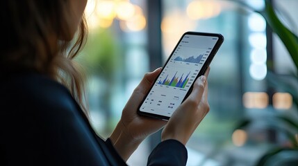 Poster - A financial graph with a clear upward trend, presented on a smartphone held by a businesswoman in a professional setting.