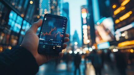 A financial graph with sharp rises and falls, displayed on a smartphone screen held by a businessperson in a bustling urban environment.