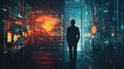 Poster - A futuristic financial graph with digital elements, overlaid on a businessman silhouette in a dark, tech-driven environment.