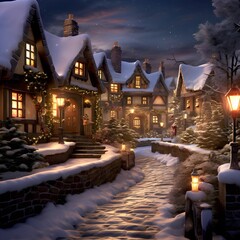 Sticker - Winter night in a snowy village. Houses in the snow. Christmas background