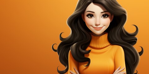 Vibrant 3D Asian Female Character: Cheerful Young Woman with Long Black Hair in Orange Top on Light Background. Minimalist Design for Cultural Diversity, Emotional Expression, and Modern Marketing Tem