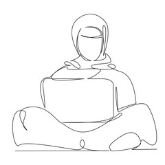 Wall Mural - One continuous single drawing line art flat doodle Muslim girl working on laptop, studying, searching for information, learning about the world. Isolated image hand draw contour on a white background