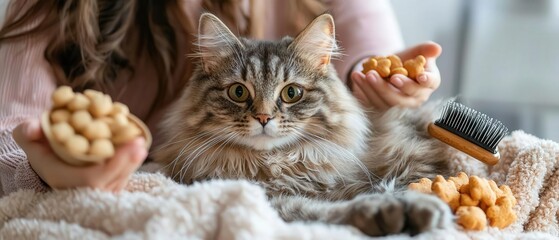 A fluffy cat enjoys snacks while being pampered, showcasing a bond between pet and owner in a cozy setting.