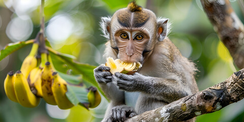 closeup of a monkey eats banana focus in the wild with blur background
