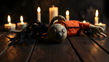 Close up Voodoo magic ritual doll laying on a wooden table on a black background with candles isolated with white highlights, png