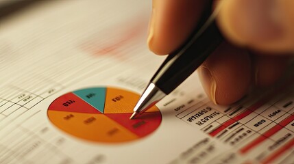 Poster - A macro shot of a hand annotating a pie chart on a printed report, with visible pie slices and data labels being marked for review.