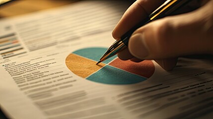 Poster - A macro shot of a hand annotating a pie chart on a printed report, with visible pie slices and data labels being marked for review.
