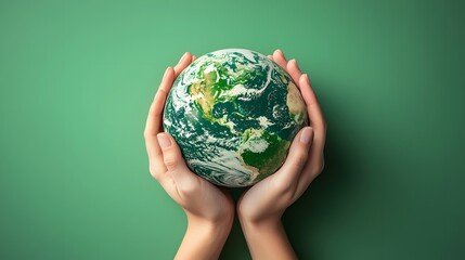 Two hands gently holding a detailed globe, symbolizing care for the Earth.