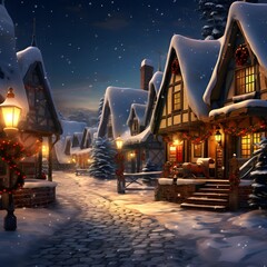 Wall Mural - Snowy winter night in a small village. 3D rendering.