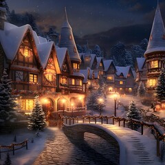 Sticker - Winter night in the village. Winter fairy tale. 3D rendering