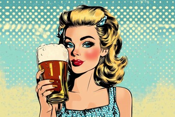 Wall Mural - Oktoberfest pin-up girl enjoying a beer with a vibrant pop art style background