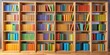© Sakkarat - A Colorful Library of Books on a Wooden Bookshelf, bookshelf, library, books, colorful