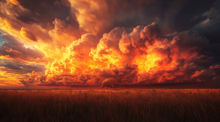 Wall Mural - A dramatic sky with towering orange and pink storm clouds over the Great Plains, creating an otherworldly atmosphere