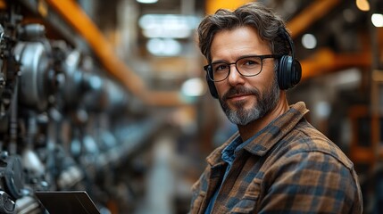 Poster - an engineer man working in a factory with headset laptop.illustration