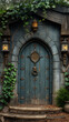 © Nina - Antique wooden door in a stone house, porch, antique, authentic lanterns, forged ring, ivy. High quality photo