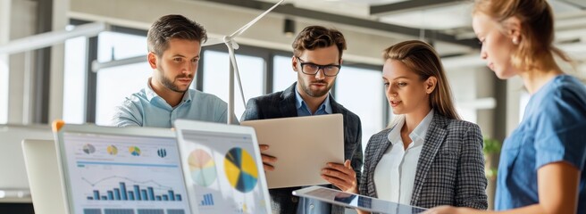 Poster - Group of professionals working together on charts and graphs in a modern office setting. They collaborate with laptops and digital tools to analyze data and strategize for business growth.