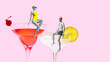 © Lustre Art Group  - Poster. Contemporary art collage. Swimmers, man and woman, sitting on edge of sweet and sour cocktails against pink background. Concept of summer, holidays, celebration, Friday mood, festivals. Ad