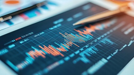 Poster - A modern financial graph displayed on a digital tablet with a background of business documents and a pen, highlighting stock market trends.