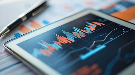 Poster - A modern financial graph displayed on a digital tablet with a background of business documents and a pen, highlighting stock market trends.
