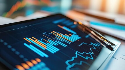 Poster - A modern financial graph displayed on a digital tablet with a background of business documents and a pen, highlighting stock market trends.