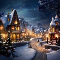 Wall Mural - Winter night in the village. Christmas and New Year concept. Digital painting.