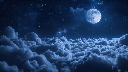 realistic rendering of a night sky filled with puffy clouds illuminated by the soft light of a full 