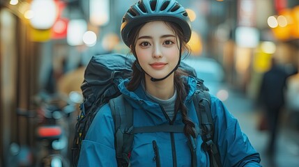 Poster - Nurse commuting by bike through the city after long workday leaving hospital beautiful doctor..stock image