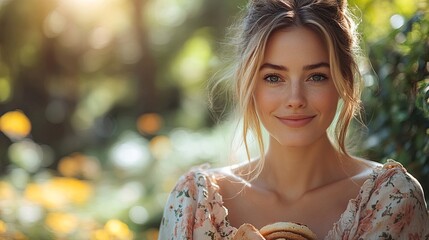 Wall Mural - a beautiful woman having a moment to herself in the garden while her child is sleeping eating a sandwich or lunch in peace.stock image