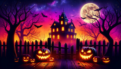 Halloween background with pumpkins scene featuring a haunted house with glowing windows purple sky and full moon and bats hover above the silhouette of eerie trees