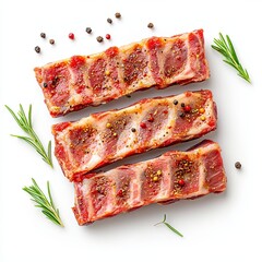 Isolated image of raw pork ribs with rosemary, pepper seasoning on a white background, top view. 