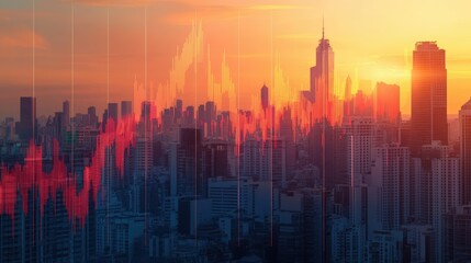 Poster - An abstract financial graph with upward and downward trends, overlaid on a cityscape at sunset, representing economic growth and decline.