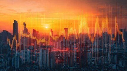 Poster - An abstract financial graph with upward and downward trends, overlaid on a cityscape at sunset, representing economic growth and decline.