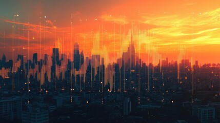 Poster - An abstract financial graph with upward and downward trends, overlaid on a cityscape at sunset, representing economic growth and decline.