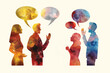 © DilSpace - Illustration of a group of people discussing ideas and talking bubbles above them against a white backdrop. For communication and discussion concepts.