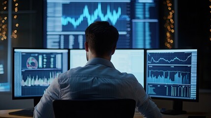 Poster - Businessman analyzing financial graphs on multiple screens, high-tech office environment -