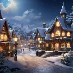 Wall Mural - Winter night in the village. Christmas and New Year holidays concept.