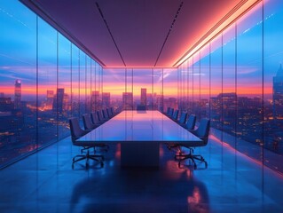 Sticker - futuristic business meeting holographic displays diverse executives sleek glass conference room city skyline view soft blue ambient lighting