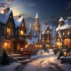 Wall Mural - Winter night in the village. Christmas in the village. 3D rendering