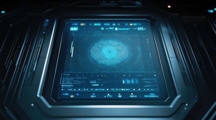 Fototapete - Top view of a biometric ID scanner with digital data, with space for copy text.