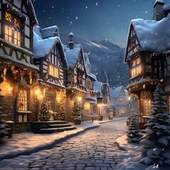 Wall Mural - Christmas village in the mountains at night. Christmas and New Year concept.