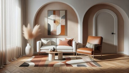 An abstract modern living room, minimalist design, white sofa, terracotta leather armchair, hardwood floors, arched doorway, large geometric abstract painting, patterned rug, neutral color palette, na