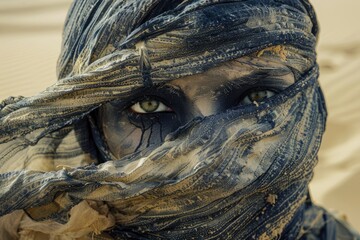 Veiled figures emerge from the sands, their enigmatic eyes reflecting the desert's timeless wisdom as dusk settles, blending mystique with nature's beauty