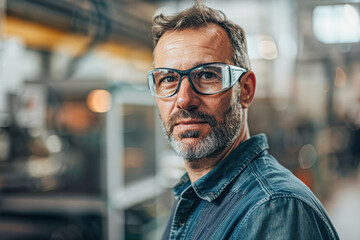 Poster - A man wearing safety glasses and a blue shirt is standing in a factory