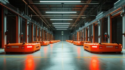 Poster - Warehouse interior featuring vibrant orange robots in an expansive layout, illuminated by ample natural light, showcasing advanced automation in a spacious industrial setting.